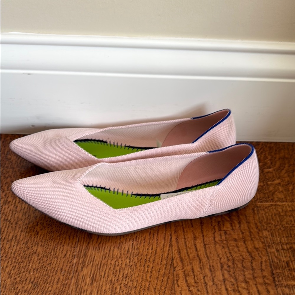 Rothy’s pink pointed flats, cheetah bottom